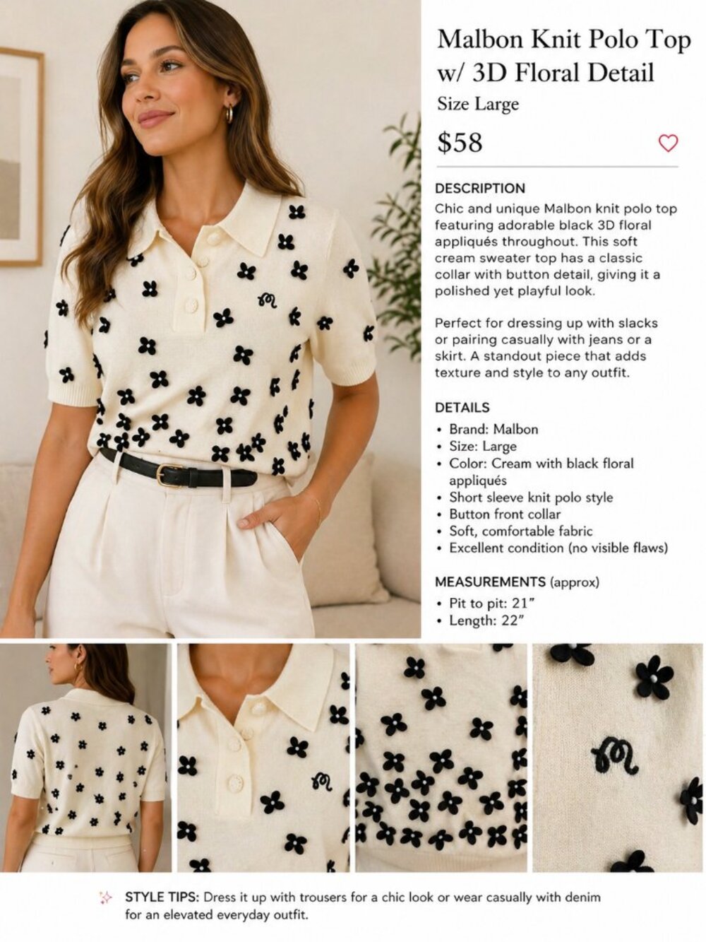 MALBON JNIT POLO TOP W/ FLORAL DETAIL